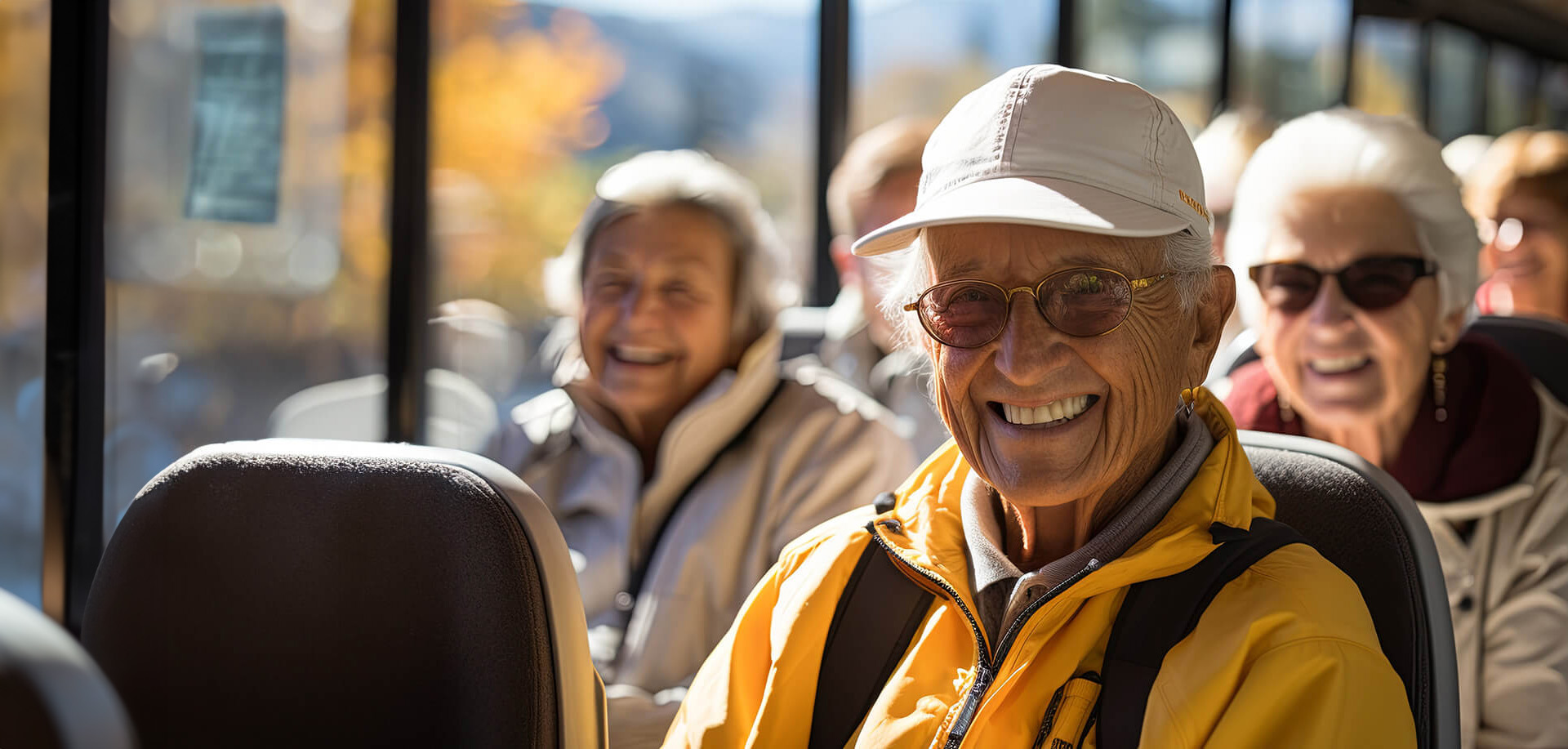 Group of elderly individuals enjoying a bus trip with senior living community.