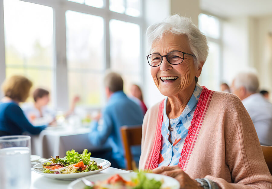 Senior woman smiling while dining with others in a well-lit communal dining area.